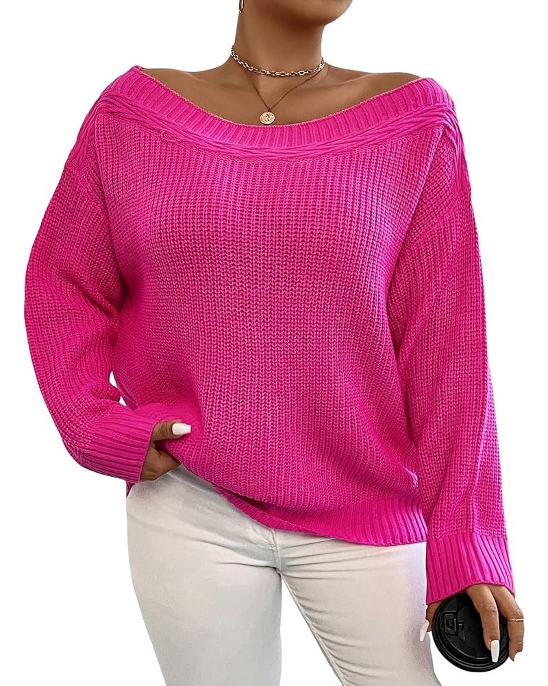 Women's Drop Shoulder Boat Neck Long Sleeve Sweater Jumper Knit Pullover Hot Pink $16.49 Sweaters