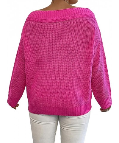 Women's Drop Shoulder Boat Neck Long Sleeve Sweater Jumper Knit Pullover Hot Pink $16.49 Sweaters