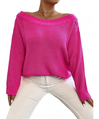 Women's Drop Shoulder Boat Neck Long Sleeve Sweater Jumper Knit Pullover Hot Pink $16.49 Sweaters