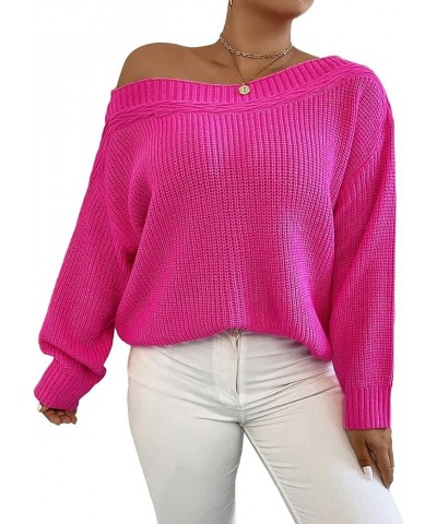 Women's Drop Shoulder Boat Neck Long Sleeve Sweater Jumper Knit Pullover Hot Pink $16.49 Sweaters