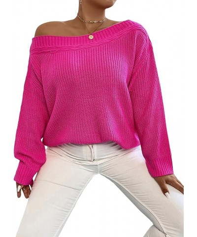 Women's Drop Shoulder Boat Neck Long Sleeve Sweater Jumper Knit Pullover Hot Pink $16.49 Sweaters