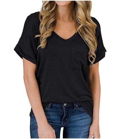 Women's V Neck Short Sleeve T Shirts Summer Basic Casual Loose Fit Rolled Sleeve Tops with Pocket Aablack $7.30 T-Shirts