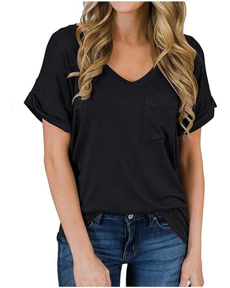 Women's V Neck Short Sleeve T Shirts Summer Basic Casual Loose Fit Rolled Sleeve Tops with Pocket Aablack $7.30 T-Shirts