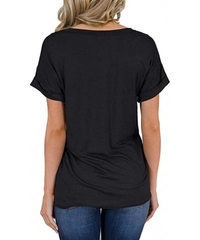 Women's V Neck Short Sleeve T Shirts Summer Basic Casual Loose Fit Rolled Sleeve Tops with Pocket Aablack $7.30 T-Shirts