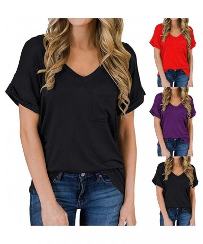 Women's V Neck Short Sleeve T Shirts Summer Basic Casual Loose Fit Rolled Sleeve Tops with Pocket Aablack $7.30 T-Shirts