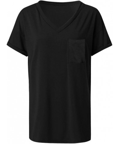 Women's V Neck Short Sleeve T Shirts Summer Basic Casual Loose Fit Rolled Sleeve Tops with Pocket Aablack $7.30 T-Shirts