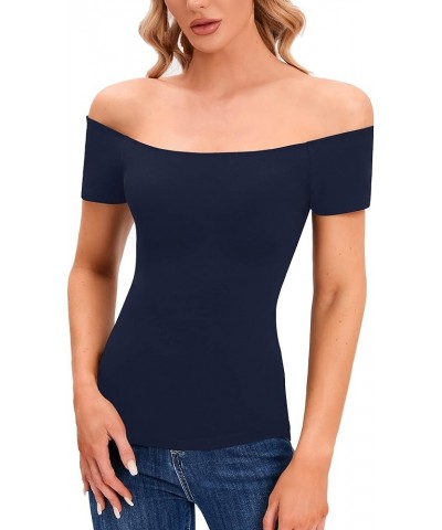 Women's Off The Shoulder Tops, One Shoulder Shirts, Short Sleeve Casual Slim Fit Blouse T Shirt Bluenavy $8.81 Blouses