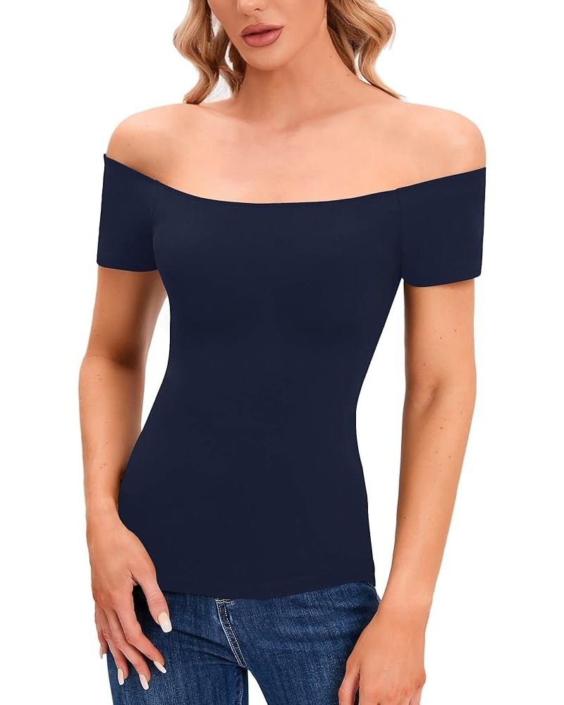 Women's Off The Shoulder Tops, One Shoulder Shirts, Short Sleeve Casual Slim Fit Blouse T Shirt Bluenavy $8.81 Blouses