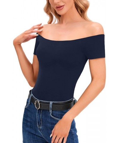 Women's Off The Shoulder Tops, One Shoulder Shirts, Short Sleeve Casual Slim Fit Blouse T Shirt Bluenavy $8.81 Blouses