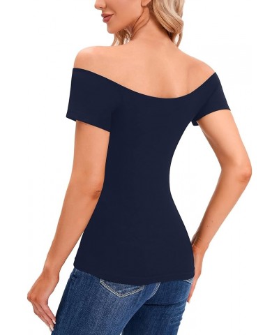 Women's Off The Shoulder Tops, One Shoulder Shirts, Short Sleeve Casual Slim Fit Blouse T Shirt Bluenavy $8.81 Blouses