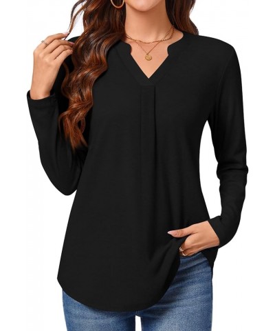 Womens Fall Dressy V Neck Tunic Henley Pleated Tops Long Sleeve Loose Button Up Blouse Winter Sweatshirt for Work Pleated-bla...