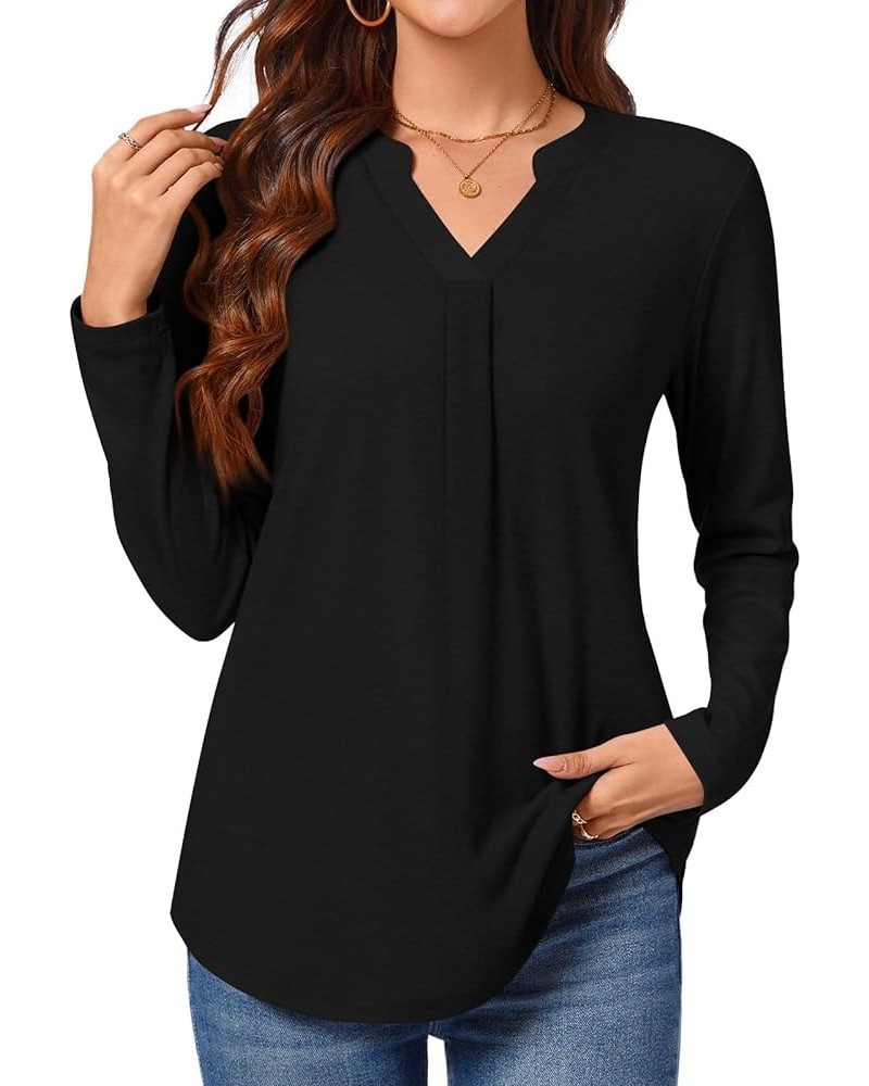 Womens Fall Dressy V Neck Tunic Henley Pleated Tops Long Sleeve Loose Button Up Blouse Winter Sweatshirt for Work Pleated-bla...