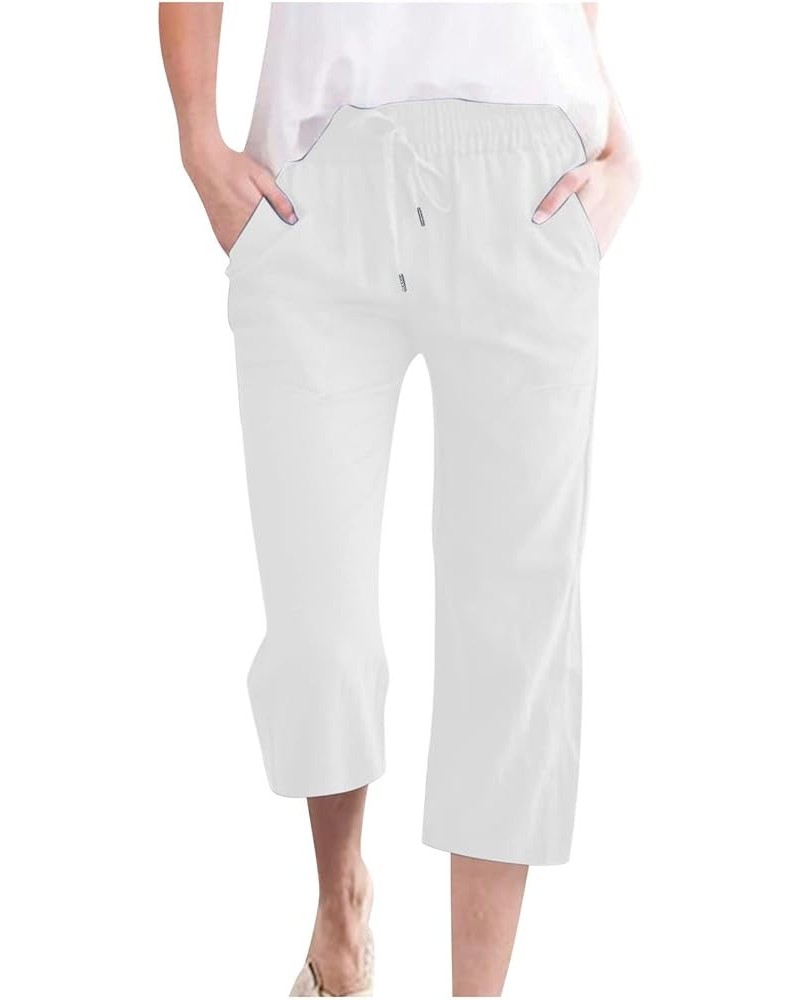 Women's Capri Pants for Summer High Waist Drawstring Cinch Bottom with Button Linen Loose Wide Leg Cropped Pants 03-white-cap...