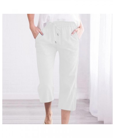 Women's Capri Pants for Summer High Waist Drawstring Cinch Bottom with Button Linen Loose Wide Leg Cropped Pants 03-white-cap...