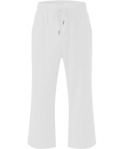 Women's Capri Pants for Summer High Waist Drawstring Cinch Bottom with Button Linen Loose Wide Leg Cropped Pants 03-white-cap...