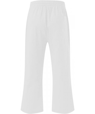 Women's Capri Pants for Summer High Waist Drawstring Cinch Bottom with Button Linen Loose Wide Leg Cropped Pants 03-white-cap...