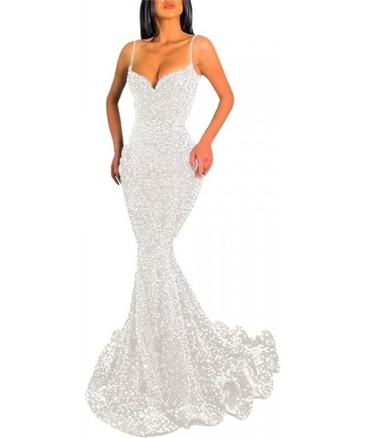 Women's Sparkly Sequin Prom Dresses Long Mermaid V Neck Backless Formal Evening Gowns with Train A-white $33.32 Dresses