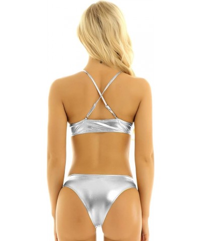 Women's Solid Printing Strappy Cross Shiny Bikini Set Beach Swimwear Bathing Suit Silver $9.66 Swimsuits