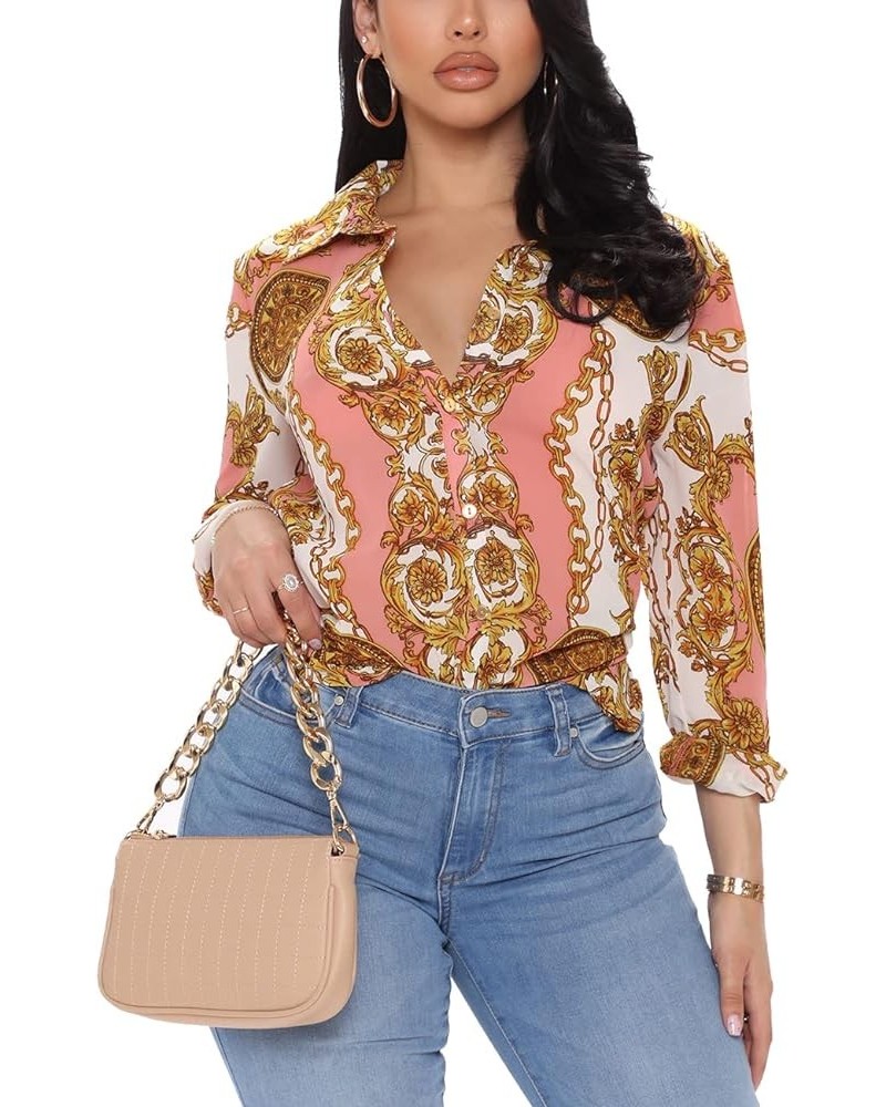 Blouses for Women Dressy Casual Colorful Long Sleeve Shirt Floral Print Tops Loose Collar Sexy T-Shirts Fashion 2023 993pink ...