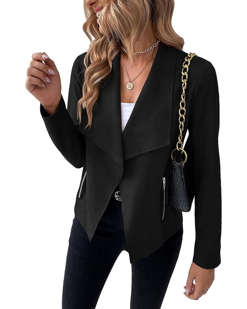 Women's Open Front Faux Suede Jacket Coat Long Sleeve Waterfall Collar Cardigan Outwear with pockets Iron Black $14.99 Coats