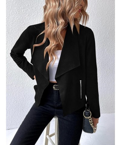 Women's Open Front Faux Suede Jacket Coat Long Sleeve Waterfall Collar Cardigan Outwear with pockets Iron Black $14.99 Coats