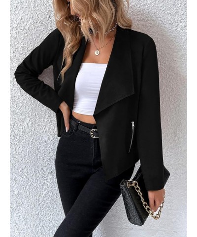 Women's Open Front Faux Suede Jacket Coat Long Sleeve Waterfall Collar Cardigan Outwear with pockets Iron Black $14.99 Coats