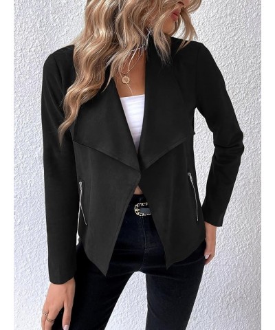 Women's Open Front Faux Suede Jacket Coat Long Sleeve Waterfall Collar Cardigan Outwear with pockets Iron Black $14.99 Coats