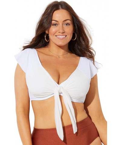 Women's Plus Size Tie Front Cup Sized Cap Sleeve Underwire Bikini Top White $24.11 Swimsuits