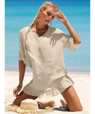 Women's Swimsuit Cover Ups Sexy V Neck Bathing Suit Coverups Dress Ruffle Sleeves Bikini Beachwear Loose Top XS-3XL Beige $10...