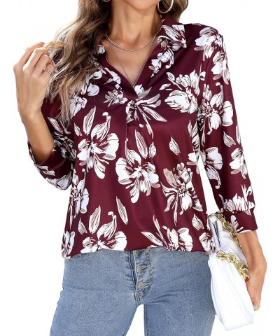 Women's 3/4 Sleeve Work Blouse Collared V Neck Shirts Loose Fit Top for Public Occasion Floral Red $9.68 Blouses