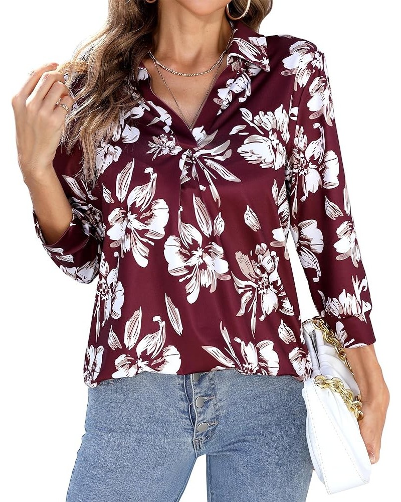 Women's 3/4 Sleeve Work Blouse Collared V Neck Shirts Loose Fit Top for Public Occasion Floral Red $9.68 Blouses