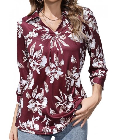 Women's 3/4 Sleeve Work Blouse Collared V Neck Shirts Loose Fit Top for Public Occasion Floral Red $9.68 Blouses