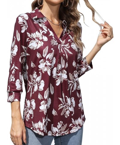 Women's 3/4 Sleeve Work Blouse Collared V Neck Shirts Loose Fit Top for Public Occasion Floral Red $9.68 Blouses