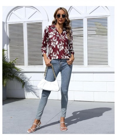 Women's 3/4 Sleeve Work Blouse Collared V Neck Shirts Loose Fit Top for Public Occasion Floral Red $9.68 Blouses