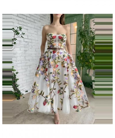 Women's Puff Sleeve Prom Dress Lace Floral Embroidery Long V Neck Slit Off Shoulder Tulle Ball Gown White3 $40.48 Dresses