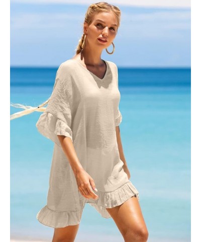 Women's Swimsuit Cover Ups Sexy V Neck Bathing Suit Coverups Dress Ruffle Sleeves Bikini Beachwear Loose Top XS-3XL Beige $10...