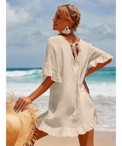 Women's Swimsuit Cover Ups Sexy V Neck Bathing Suit Coverups Dress Ruffle Sleeves Bikini Beachwear Loose Top XS-3XL Beige $10...