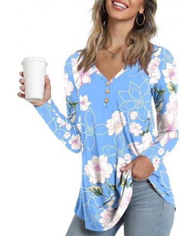 Womens Summer Short Sleeve Tunic Tops Loose Fit Casual T-Shirt Button Up Blouses 36 Flower Light Blue $16.11 Tops