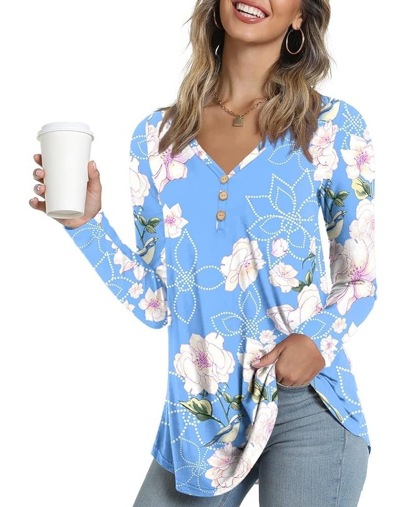 Womens Summer Short Sleeve Tunic Tops Loose Fit Casual T-Shirt Button Up Blouses 36 Flower Light Blue $16.11 Tops