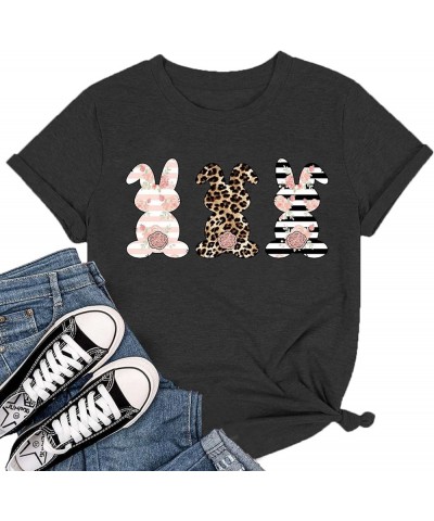 Leopard Easter Bunny T-Shirt for Women Floral Striped Rabbit Shirts Easter T Shirs Cute Bunny Tee Tops Grey $13.67 Tops