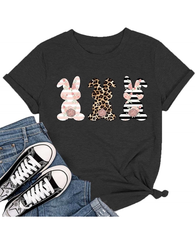 Leopard Easter Bunny T-Shirt for Women Floral Striped Rabbit Shirts Easter T Shirs Cute Bunny Tee Tops Grey $13.67 Tops