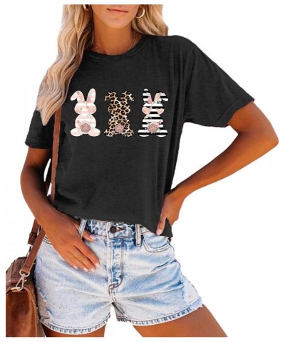 Leopard Easter Bunny T-Shirt for Women Floral Striped Rabbit Shirts Easter T Shirs Cute Bunny Tee Tops Grey $13.67 Tops