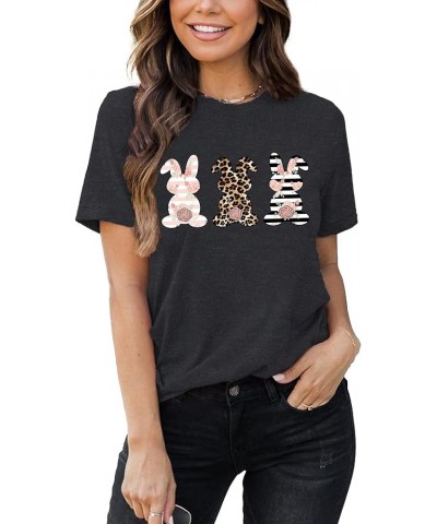 Leopard Easter Bunny T-Shirt for Women Floral Striped Rabbit Shirts Easter T Shirs Cute Bunny Tee Tops Grey $13.67 Tops