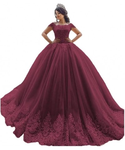 Off Shoulder Quinceanera Dresses Puffy Tulle Ball Gowns with Train Lace Long Prom Dress for Women Burgundy/Deep $50.16 Dresses