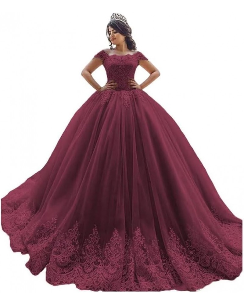 Off Shoulder Quinceanera Dresses Puffy Tulle Ball Gowns with Train Lace Long Prom Dress for Women Burgundy/Deep $50.16 Dresses