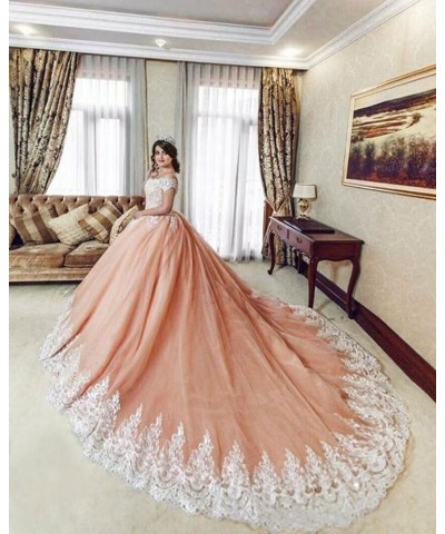 Off Shoulder Quinceanera Dresses Puffy Tulle Ball Gowns with Train Lace Long Prom Dress for Women Burgundy/Deep $50.16 Dresses