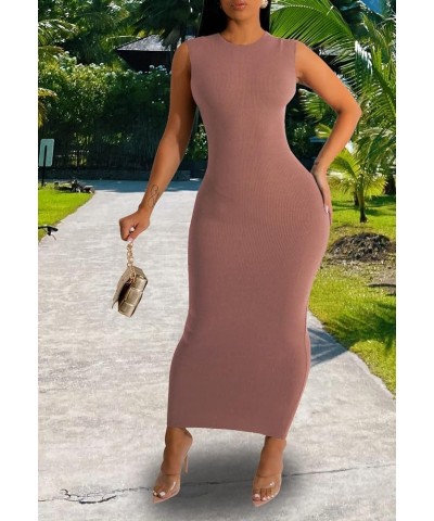 Women's Basic Ribbed Bodycon Dress Round Neck Tank Sleeveless Pencil Long Dresses B-dusty Pink $11.07 Dresses