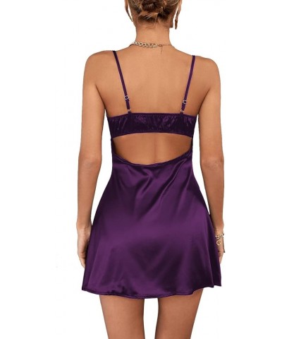 Women's Spaghetti Strap Lace Satin Slip Nightwear Sexy Party Mini Dress Purple $23.51 Lingerie