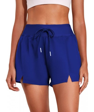 Women's 3"High Waisted Board Shorts Quick Dry Drawstring Bathing Suits Bottom with Pockets Deep Blue $12.49 Swimsuits