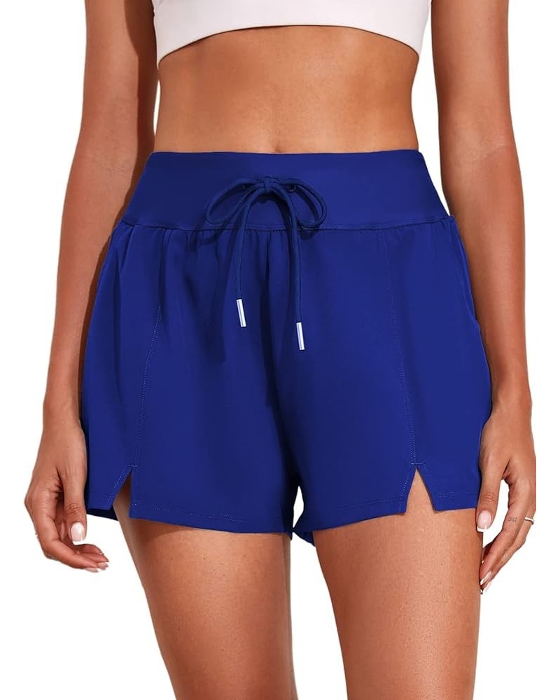 Women's 3"High Waisted Board Shorts Quick Dry Drawstring Bathing Suits Bottom with Pockets Deep Blue $12.49 Swimsuits